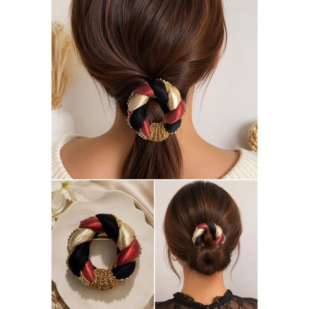 Vintage Braided Satin Hair Barrette Gold Black Red Statement French Clip